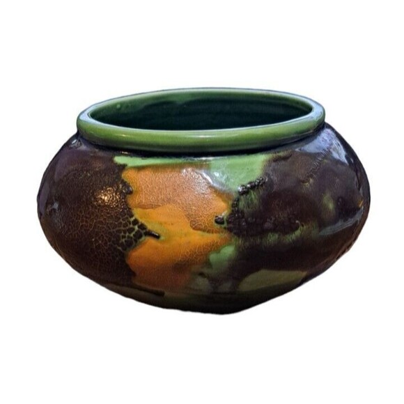 Royal Haegar MCM Green EARTH WRAP Textured Round Planter Brown Orange Cottage - Picture 11 of 12